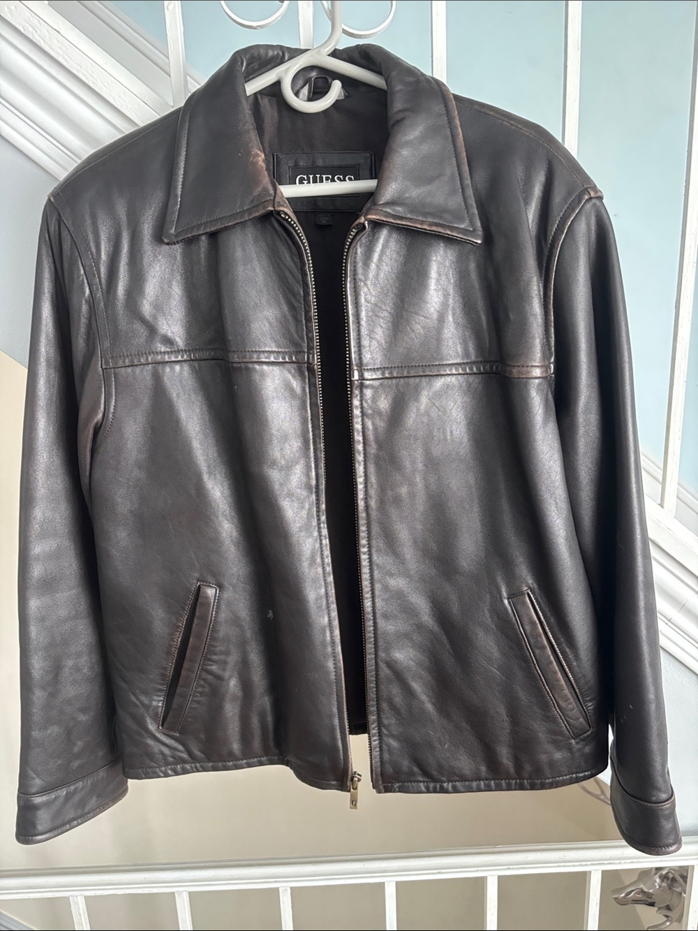 GUESS Men's Brown Leather Bomber Jacket